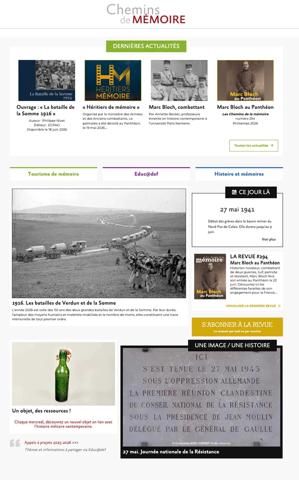 Ancienne page d’accueil du site Chemins de mémoire