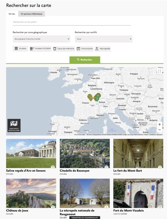 Ancienne page de recherche de lieux sur une carte