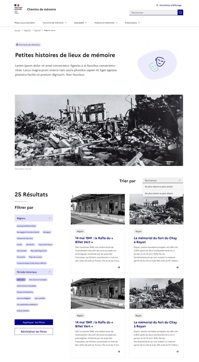 Page « Petites histoires de lieux de mémoire » avec filtres